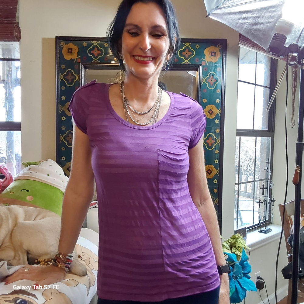 BCBG Paris Purple Striped Short Sleeve Tee Y2k